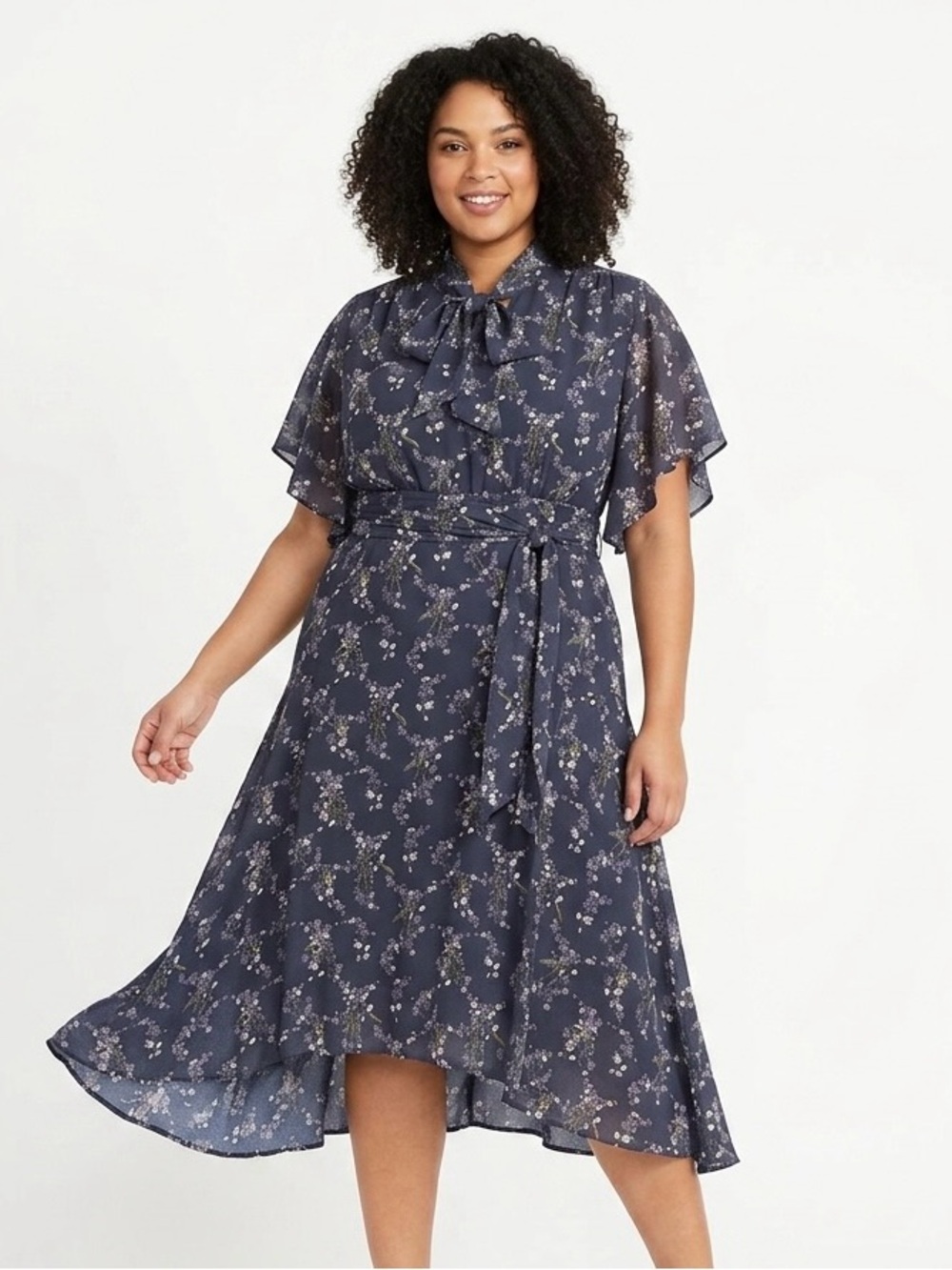 Max Studio Navy Floral High-Low Tie-Neck Dress
